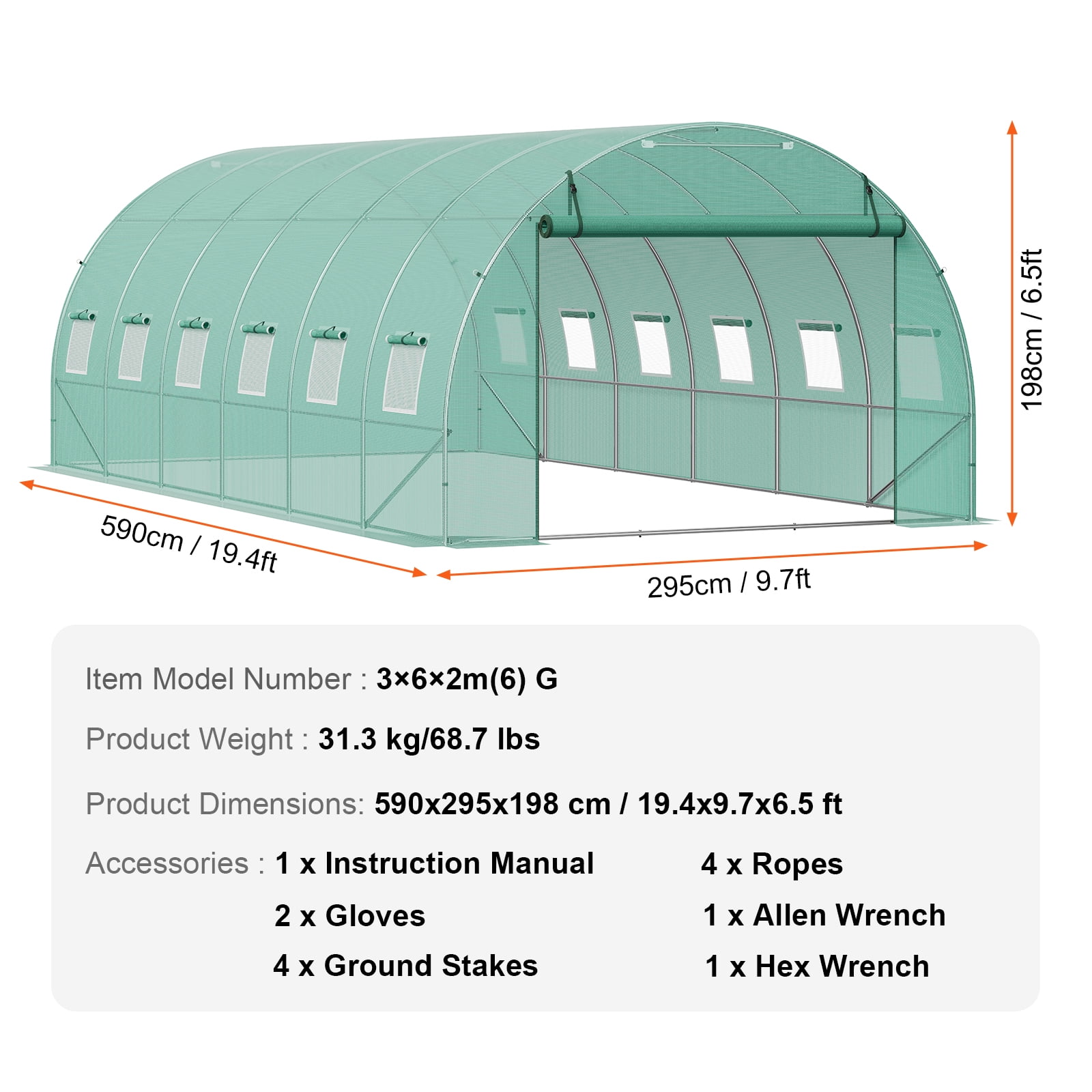 KFFKFF Walk-in Tunnel Greenhouse, 19.4x9.7x6.5 ft Hoop House with Galvanized Steel Frame, Green PE Cover, Roll-up Zipper Door, and 12 Ventilation Windows for Outdoor Gardening