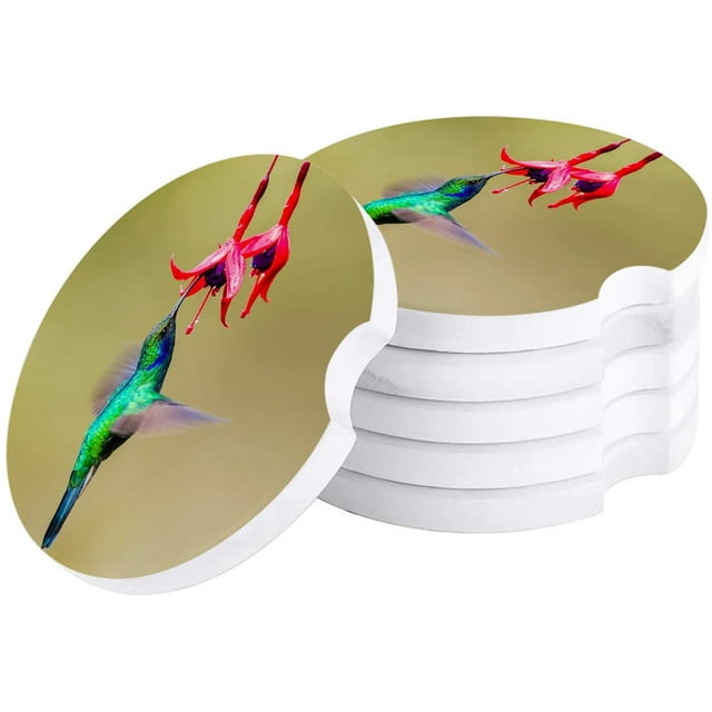 RYLABLUE Red Flowers Hummingbird Watercolor Oil Painting Style Set of 4 Car Coaster for Drinks, Absorbent Ceramic Stone Coasters Cup Mat with Cork Base for Home Kitchen Room Coffee Table Bar Decor