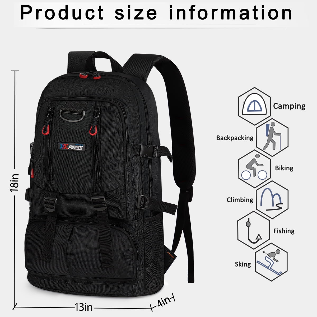 Travel Backpack Multi-Pocket Outdoor Hiking Backpack Work Daypack for Men Women, Black, A12