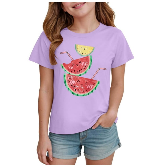 DXOUPM Chemises Filles Imprimé Mignon Col Rond Été Manches Courtes Blouse Légère Sortie