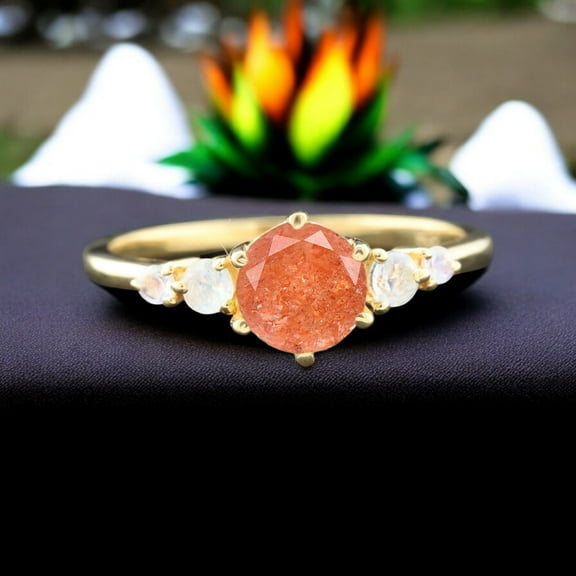 SHREENATHJEWELRY 6MM / 2.5Ct Round Shape Sunstone Ring-Moonstone Bridal Wedding Jewelry Natural Gemstone Proposal Ring Birthday Gift For Wife