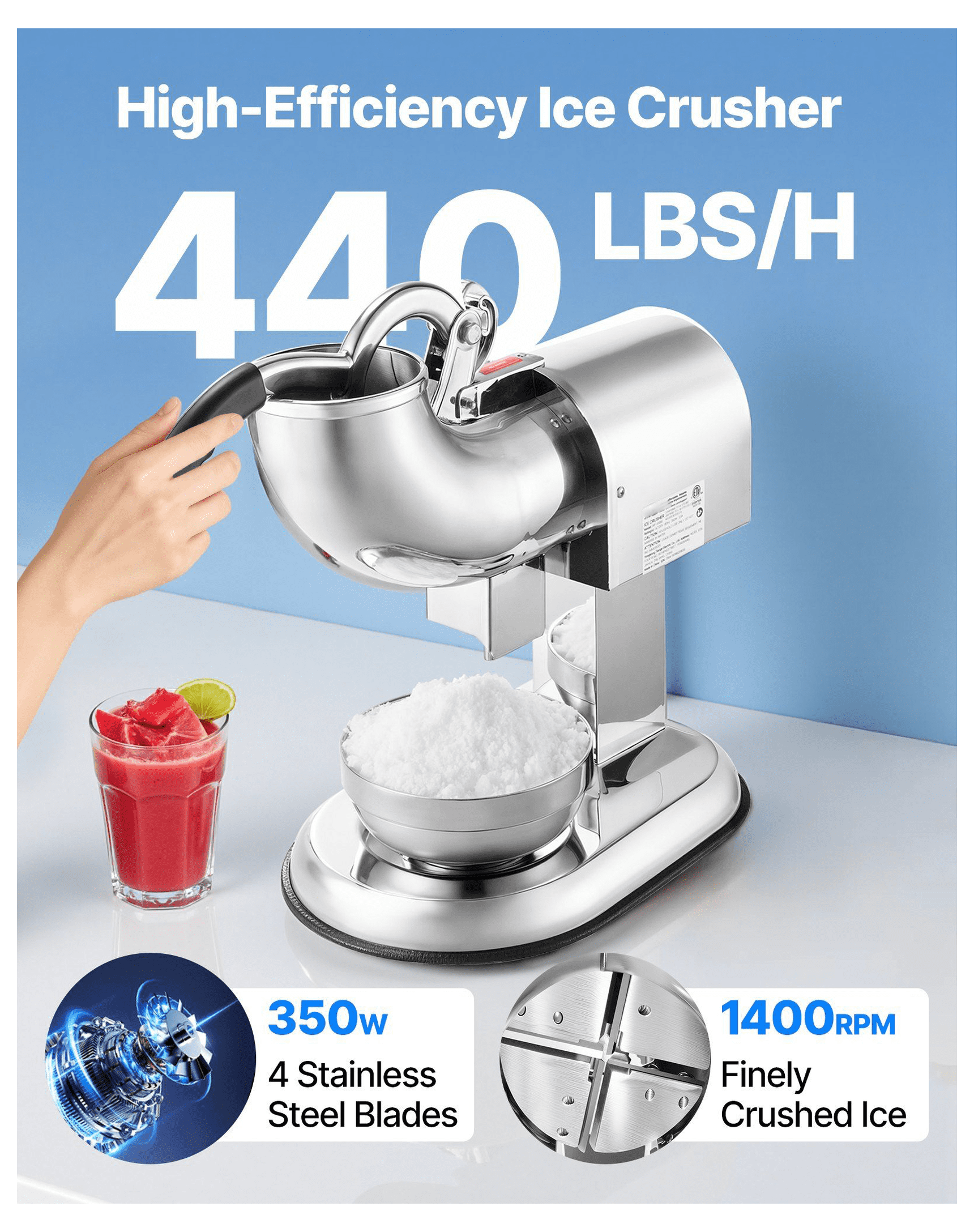 Commercial Ice Crusher 440LBS/H Electric Snow Cone Maker Shaved Ice Silver