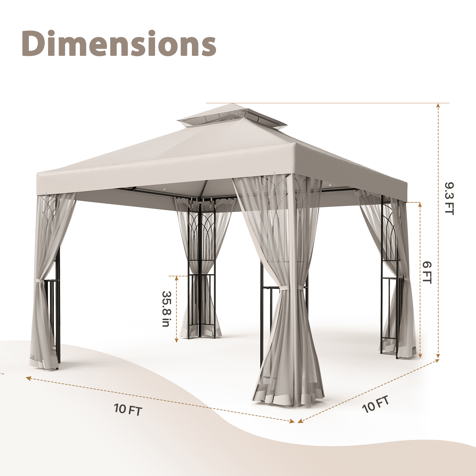 EAGLE PEAK 10 ft. x 10 ft. Outdoor Patio Gazebo Canopy Tent with Ventilated Double Roof and Mosquito Net,Beige