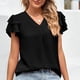 thumbnail image 2 of Blusa de manga con volantes Cuello en V Color puro Ajuste holgado Casual Mujer Top de manga corta para verano Negro XXL, 2 of 6