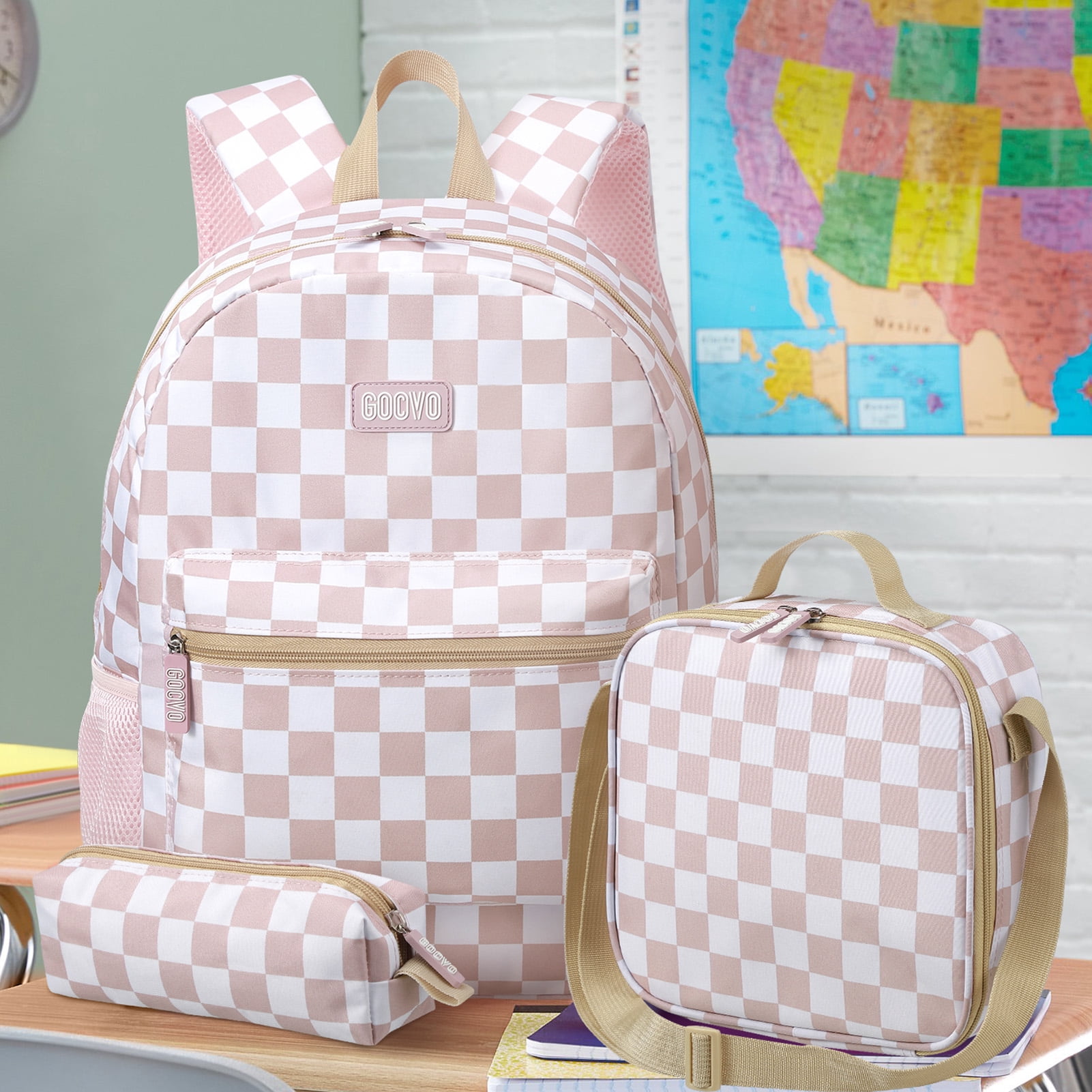 Gocvo Kids Backpack for Girls, Waterproof Teens Bookbag Cute School Backpacks, Checkered Pattern