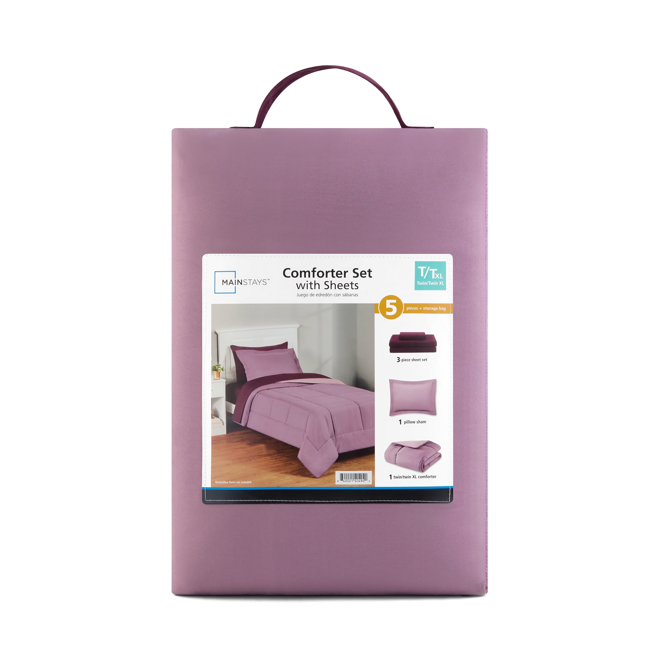 Mainstays 5-Piece Reversible Bed in a Bag Comforter and Sheet Set, Purple