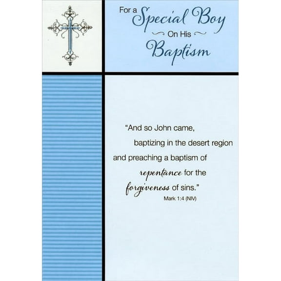 Designer Greetings Blue Stripes and Silver Foil Cross: Special Boy Baptism Card