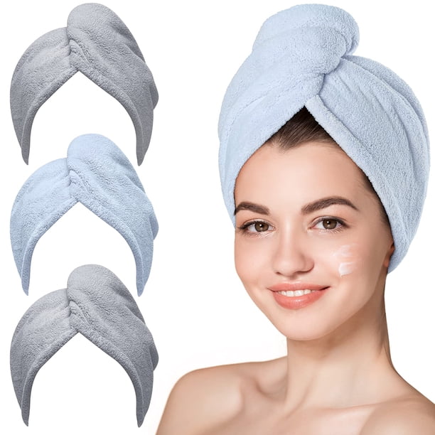 Hicober Toalla De Microfibra Para El Cabello, 3 Paquetes De Turbantes Para El Cabello Húmedo, Secado, Toallas Para Cabello Rizado, Mujeres, Antiencrespamiento (Gris Azul Gris)