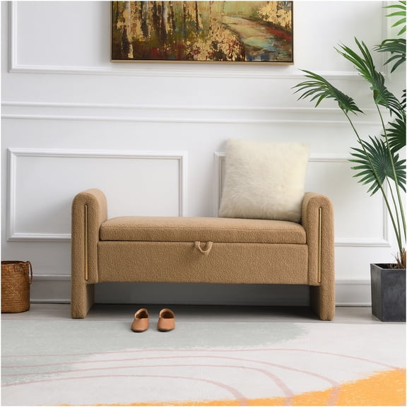 JERFIT Modern Upholstered Storage Bench, Teddy Fabric Footrest Stool with Arms for Bedroom Living Room Entryway, Coffee Brown