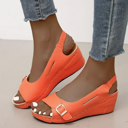 

Homadles Women s Wedges Shoes- Beach Roman Open Toe Wedge Sandals Buckle Wedge Sandals in Wide Width on Clearance in Store Sandals Shoes Orange Size 8.5