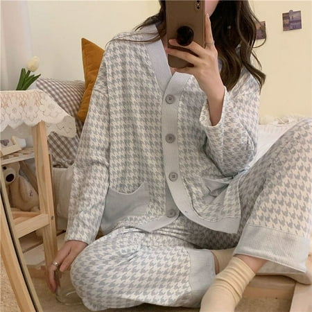 

CoCopeaunt Cotton Pajamas Women Houndstooth Sleepwear Spring Pijama Long Sleeve Pyjamas Female Set Woman 2 Piece Loungwear Nightwear