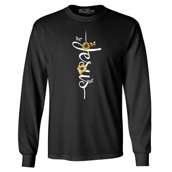 Shop4Ever Men's Jesus Script Cross with Flowers and Butterflies Long Sleeve Shirt Medium Black