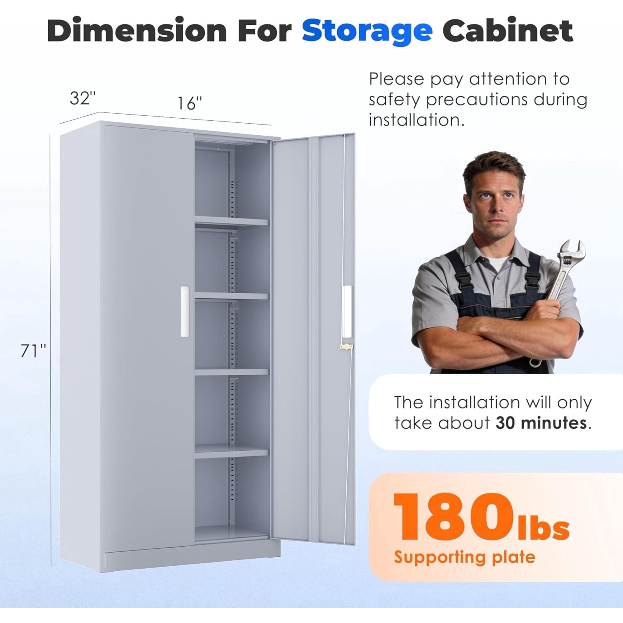 SOLAURA Metal Storage Office Cabinets with Locking Doors and Adjustable Shelves, 71 inch Tall Steel Storage Cabinet for Office, Home (Cement Gray)