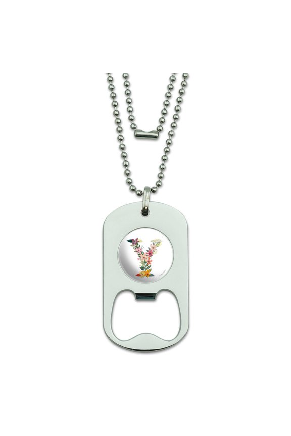 Letter Y Floral Monogram Initial Military Dog Tag Bottle Opener Pendant