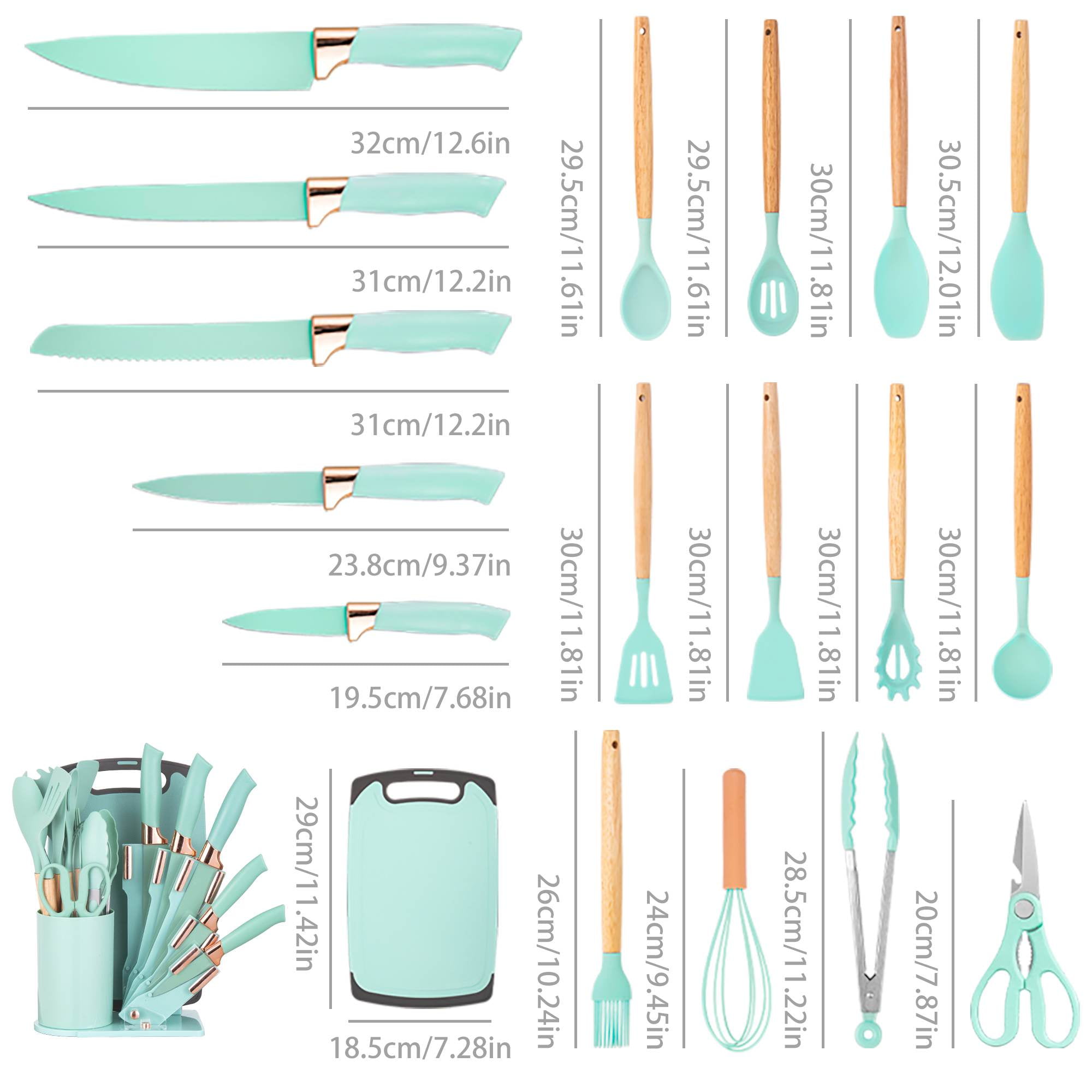 HEESEM 19-Piece Silicone Kitchen Utensil & Knife Set - Heat-Resistant Cooking Tools Non-Stick Safe Gift for Mom or Women  Dark-Green