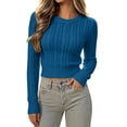 thumbnail image 2 of Bzdzmqm Women's Cropped Cable Knit Sweater Slim Fit Crew Neck Long Sleeve Ribbed Cuffs Hem Cozy Fall Winter Office Daily Wear, Blue 2XL, 2 of 9