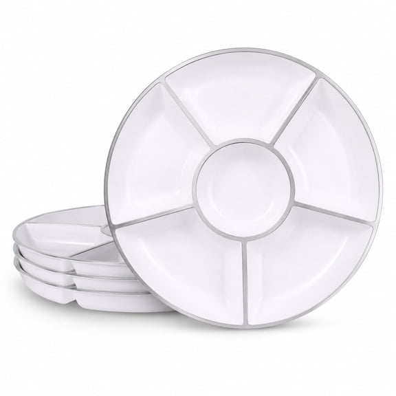 Impresserve 6 Sectional Round Plastic Serving Tray 12 inch White & Silver 4 pack Disposable Reusable Snack Table Tray