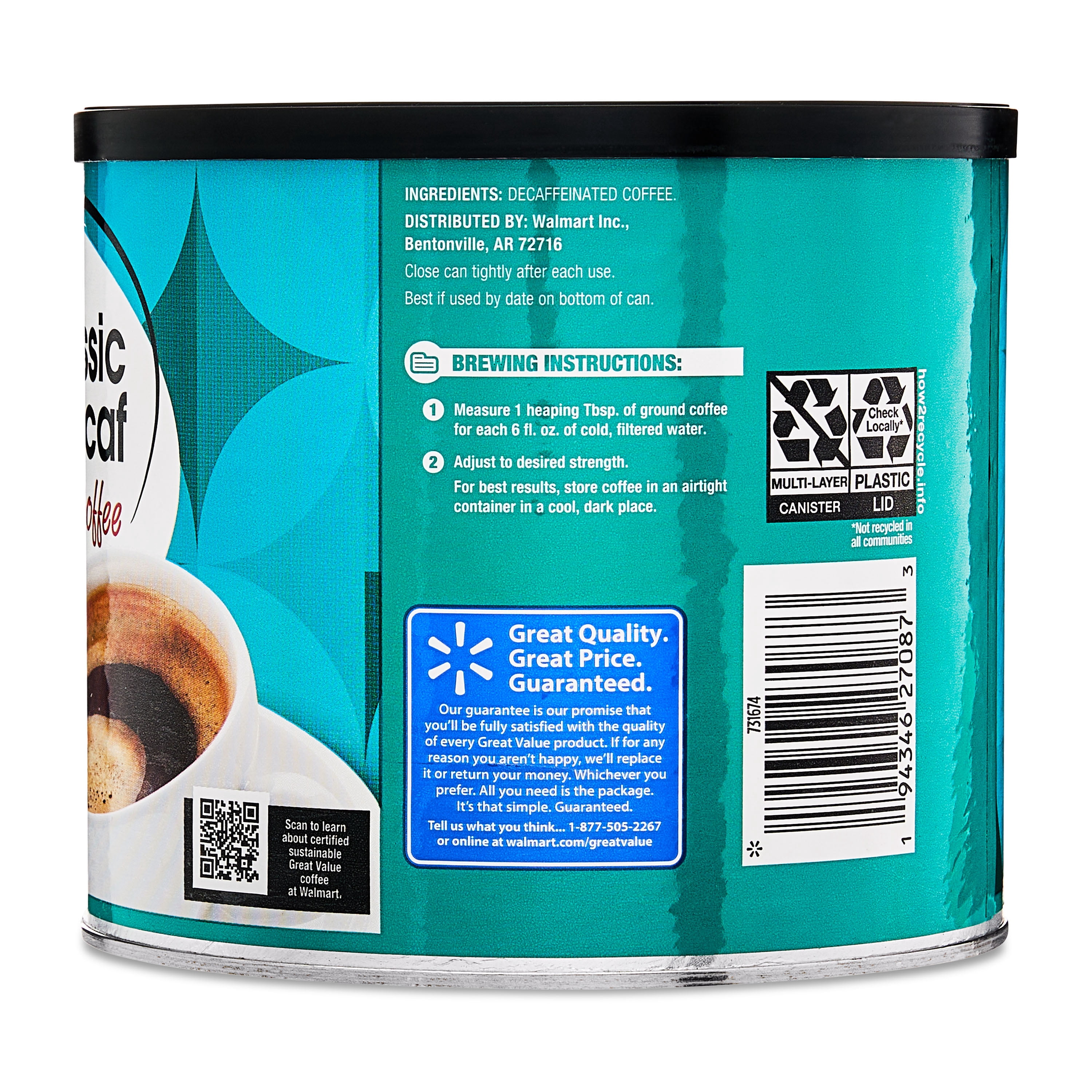 (6 pack) Great Value Decaf Classic Medium Roast Ground Coffee, 25.9 oz