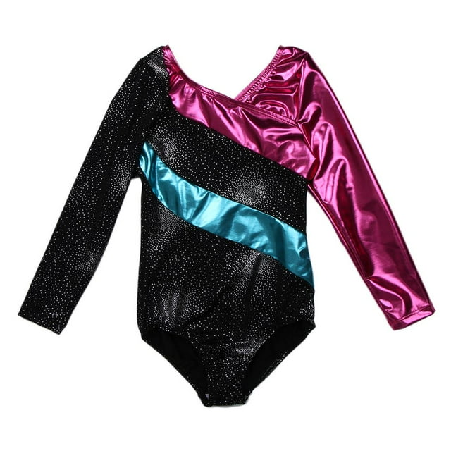 Traje de leotardo de gimnasia de una pieza brillante para niña 6 Jinwen Leotardo metálico de manga larga