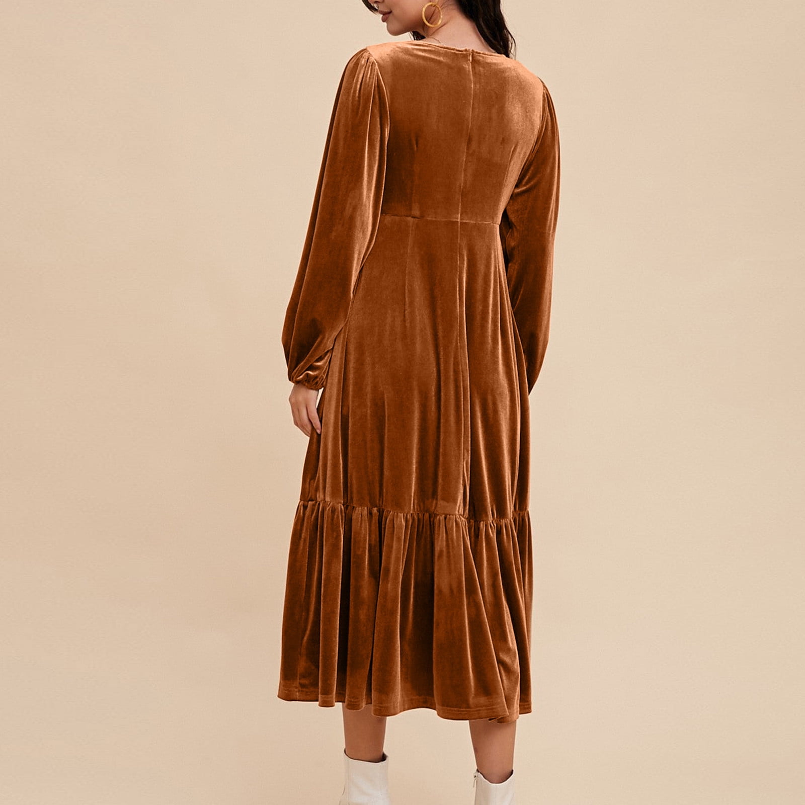Women's Dressy Dress Puff Long Sleeve V Neck Tiered Casual Loose Velvet Dress Trendy Cocktail Party Night Elegant Midi Dress Yellow,M