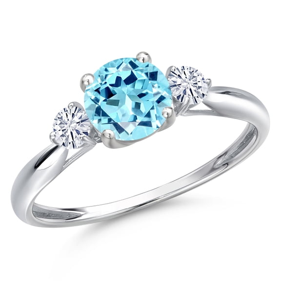 Gem Stone King 10K White Gold Blue Apatite and White Moissanite 3-Stone Ring for Women | 1.02 Cttw | Round 6MM | Gemstone Birthstone | Size 7