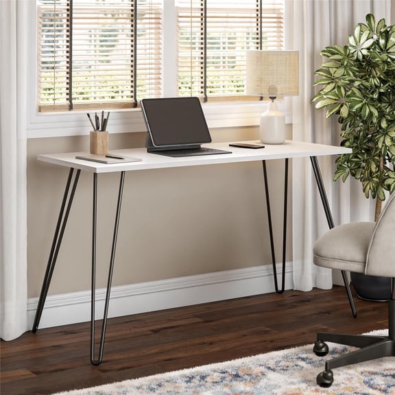 Writing Desk with Black Hairpin Metal Legs Off White Oak Woodgrain Surface Minimalist Modern Desk for Home Office Study