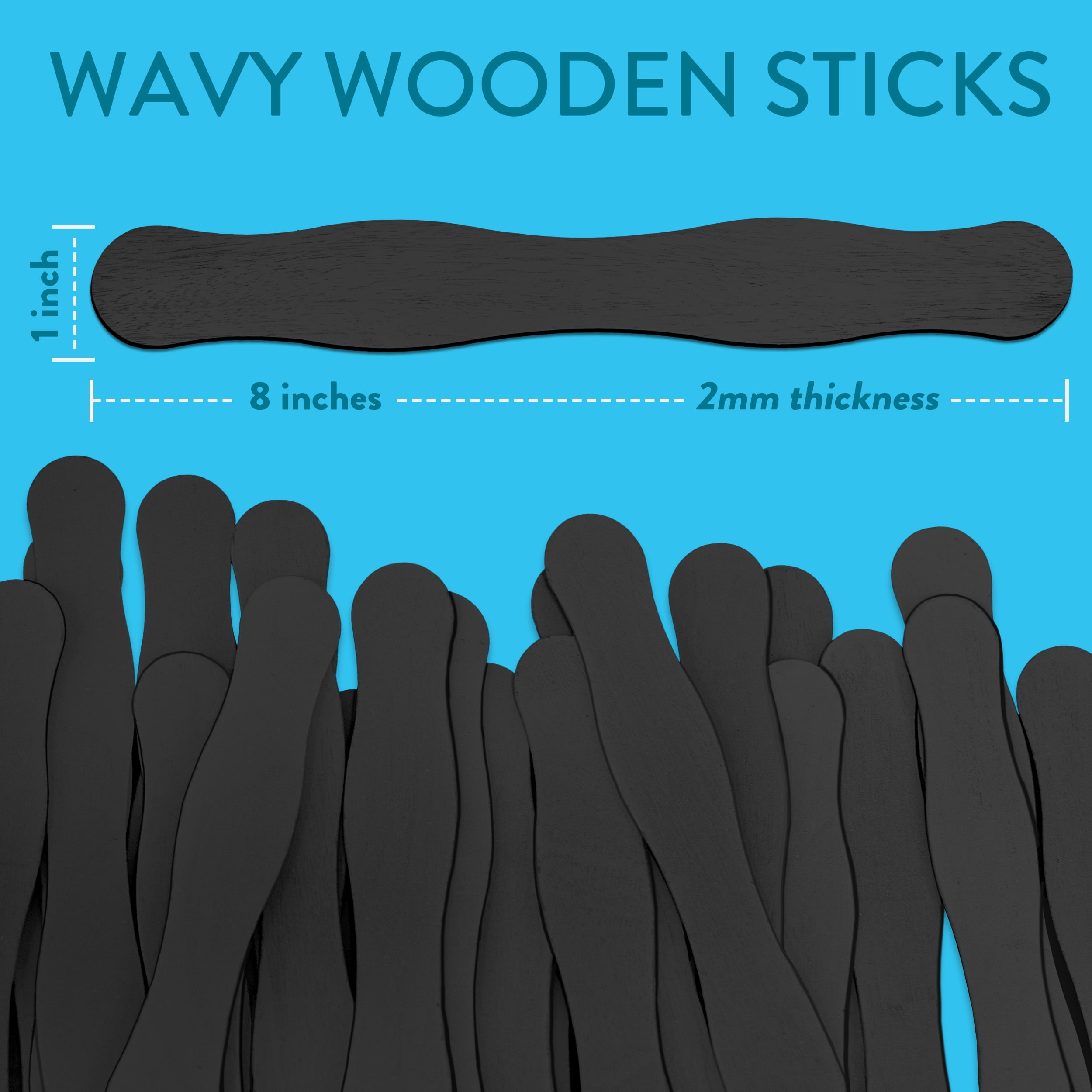 100 Pack Black Painted Wavy Craft Sticks for Fan Handles, Craft Supplies, Wedding Fans, Auction Paddles, 8 Inch Jumbo Black Popsicle Sticks