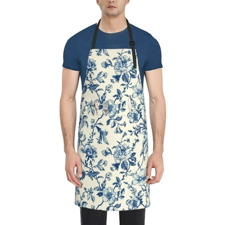 

Qekee Vintage Blue Floral Print Waterproof Apron with Pockets Adjustable Cooking Aprons Kitchen Bib for Baking Household Cleaning