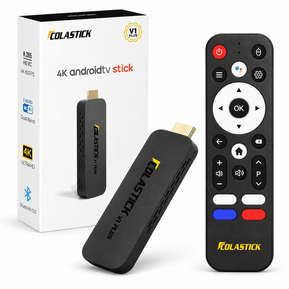 2026 COLASTICK V1 Plus Portable Home Entertainment Device, Android 14, 2GB RAM 32GB Storage, 4K UHD 60FPS, Dual Band WiFi, Bluetooth 5.0, HDMI, Voice Remote