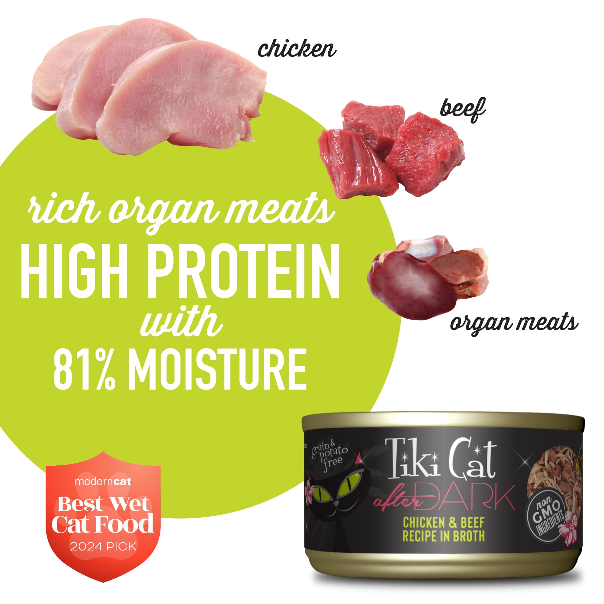 (6 pack) Tiki Cat After Dark Whole Foods Wet Cat Food, Chicken & Beef, 2.8 oz. Can