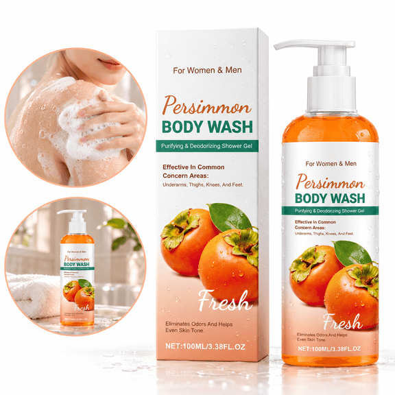 Persimmon Body Wash with Pump, Gentle Moisturizing Shower Gel with Persimmon Extract, Fresh-Feeling Daily Body Cleanser for Women & Men, 3.38 fl oz (100 mL)
