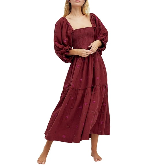 SUNSIOM Women's Summer Casual Flower Embroidered Dress Puff Lantern Sleeve Square Neck Square Neck Tiered Flowy Dress