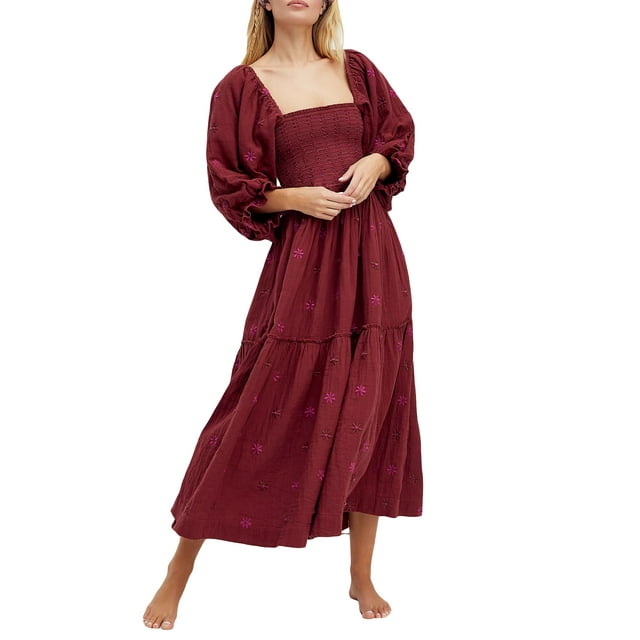 Fortune Robe Bohème pour Femme Décontractée à Manches Bouffantes, Robes Brodées à Fleurs, Robe Midi Fluide à Volants Boho
