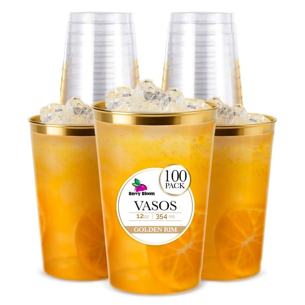 Berry Bloom 100 Vasos Reutilizables con Borde Dorado Paquete Con 100 Piezas, Copas Elegantes para Fiestas, Bodas, Postre, Cócteles, Vino (12 ONZA)
