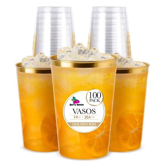 Berry Bloom 100 Vasos Reutilizables con Borde Dorado Paquete Con 100 Piezas, Copas Elegantes para Fiestas, Bodas, Postre, Cócteles, Vino (12 ONZA)