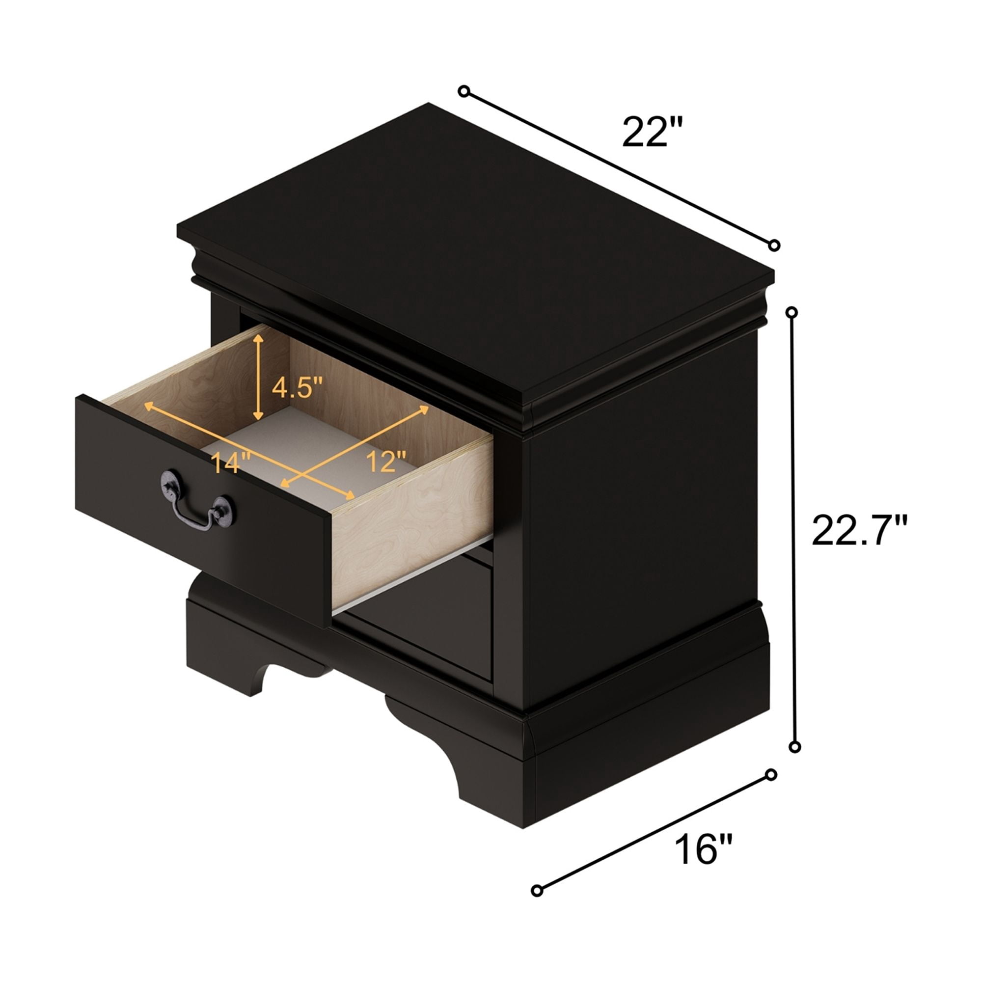 Traditional 2-Drawer Black Nightstand with Storage