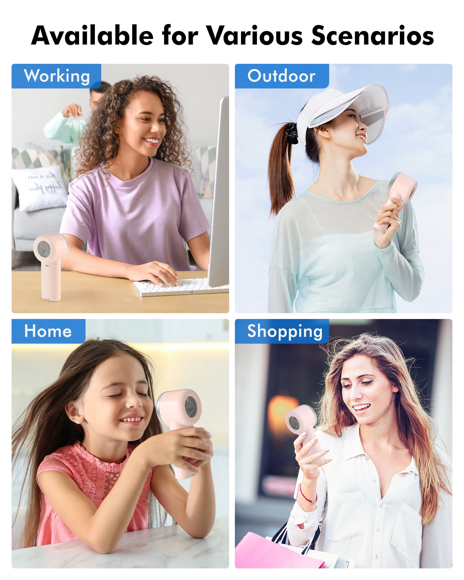 WHATOOK Portable Handheld Fan, Adjustable Mini Fan,Rechargeable Personal Fan,Digital Display,Gifts for Women Men Travel/Camping/Outdoor-Pink