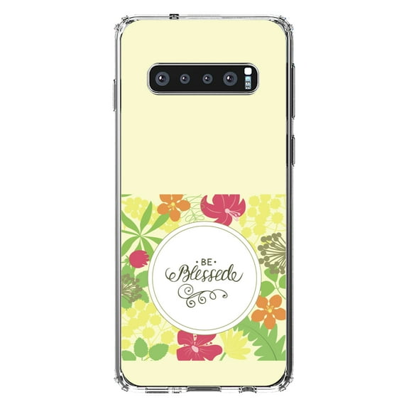 DistinctInk Clear Shockproof Hybrid Case for Samsung Galaxy S10 (6.1" Screen) - TPU Bumper, Acrylic Back, Tempered Glass Screen Protector - Be Blessed - Floral Pattern Yellow