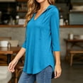 thumbnail image 6 of Women's Plus 3/4 Sleeve Tunic Tops Drawstring Hoodie V Neck Loose Fit Curved Hem Hooded Shirts to Wear with Leggings Fall Casual Outfits, Blue, XXL, 6 of 10