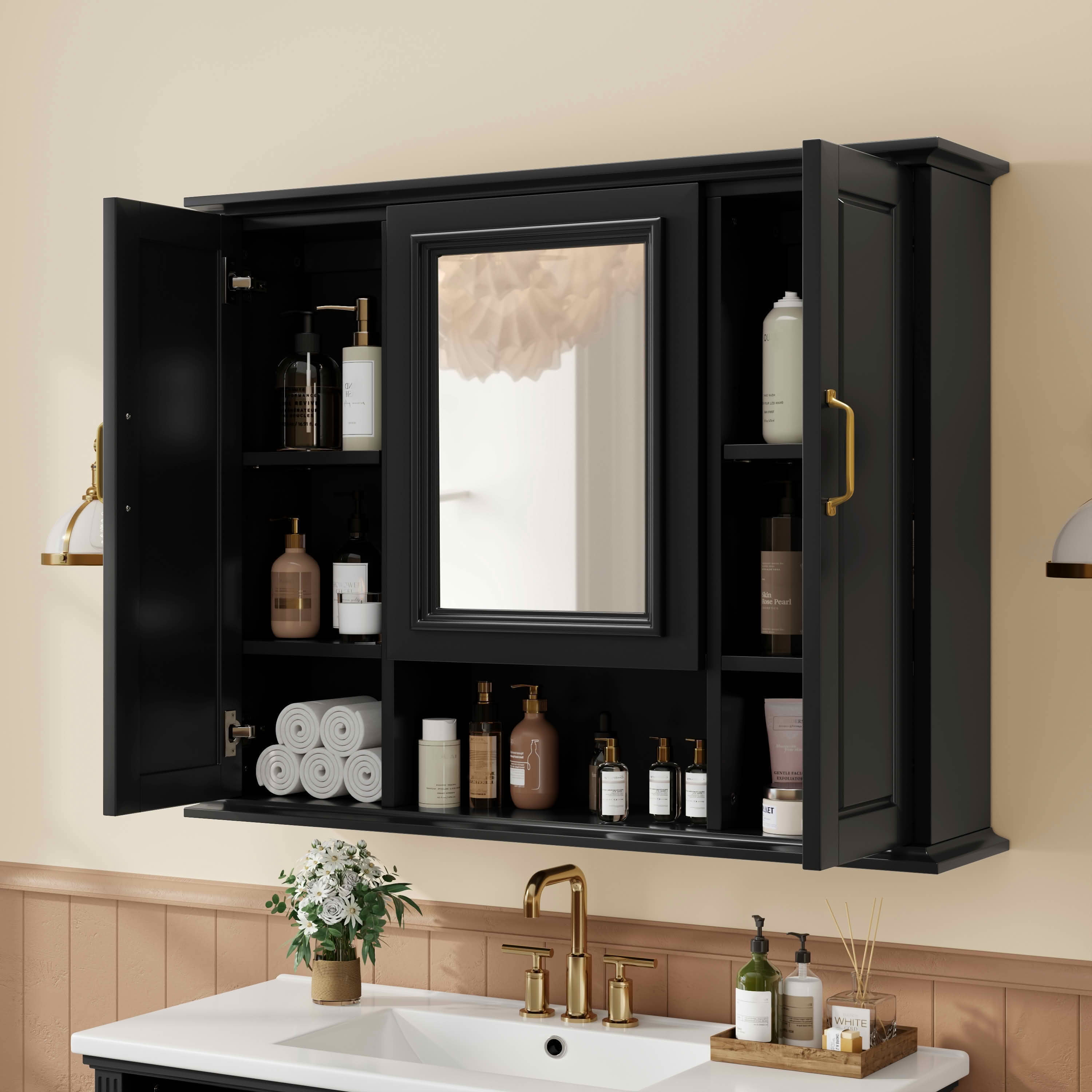 MAYEERTY 36" Bathroom Vanity with Sink Black MDF Rubberwood 3 Drawers Adjustable Shelf Freestanding
