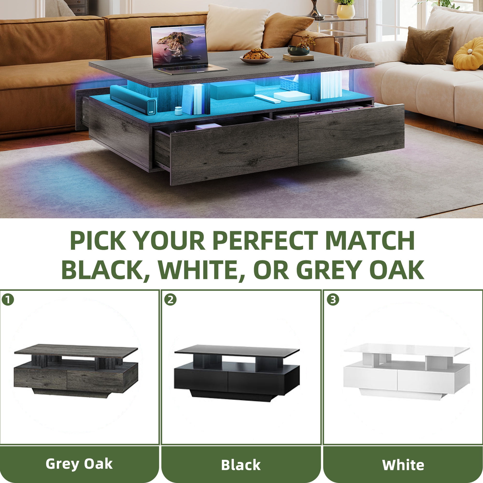 Uforic Modern LED Coffee Table, Center Tables with Storage for Living Room, Gray