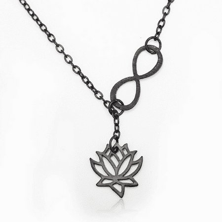 New Infinity Lotus Lariat Pendant Chain Link Fashion Beauty Jewelry Necklace (Black)