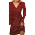 thumbnail image 2 of Womens V Neck Long Sleeve Red Sparkly Dress Carnival Outfit Women's Sequin Dress, 2 of 8
