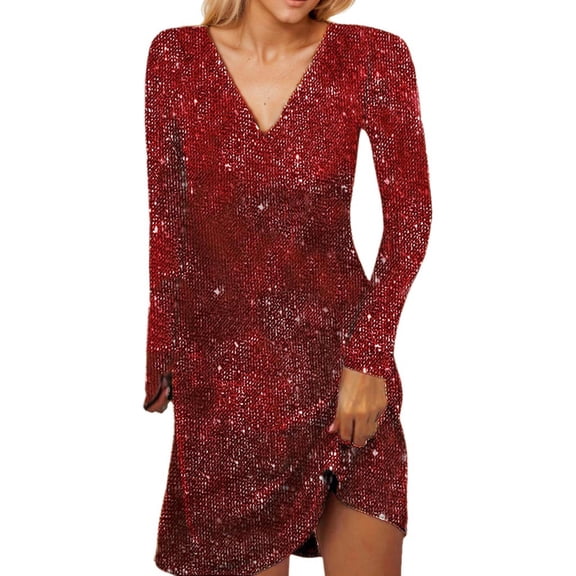 Women's V Neck Long Sleeve Red Glitter Dress Carnival Outfit Sequin Holiday Dress