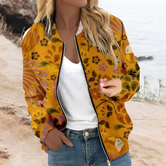 ZHOGXU Women's Coat With Pocket Long Sleeve Flower Print Zipper Comfortable Stylish Jacket For Casual Daily Wear Orange L