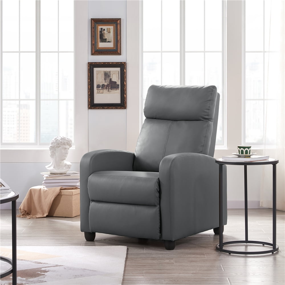 Alden Design Faux Leather Push Back Theater Recliner Chair with Footrest, Gray