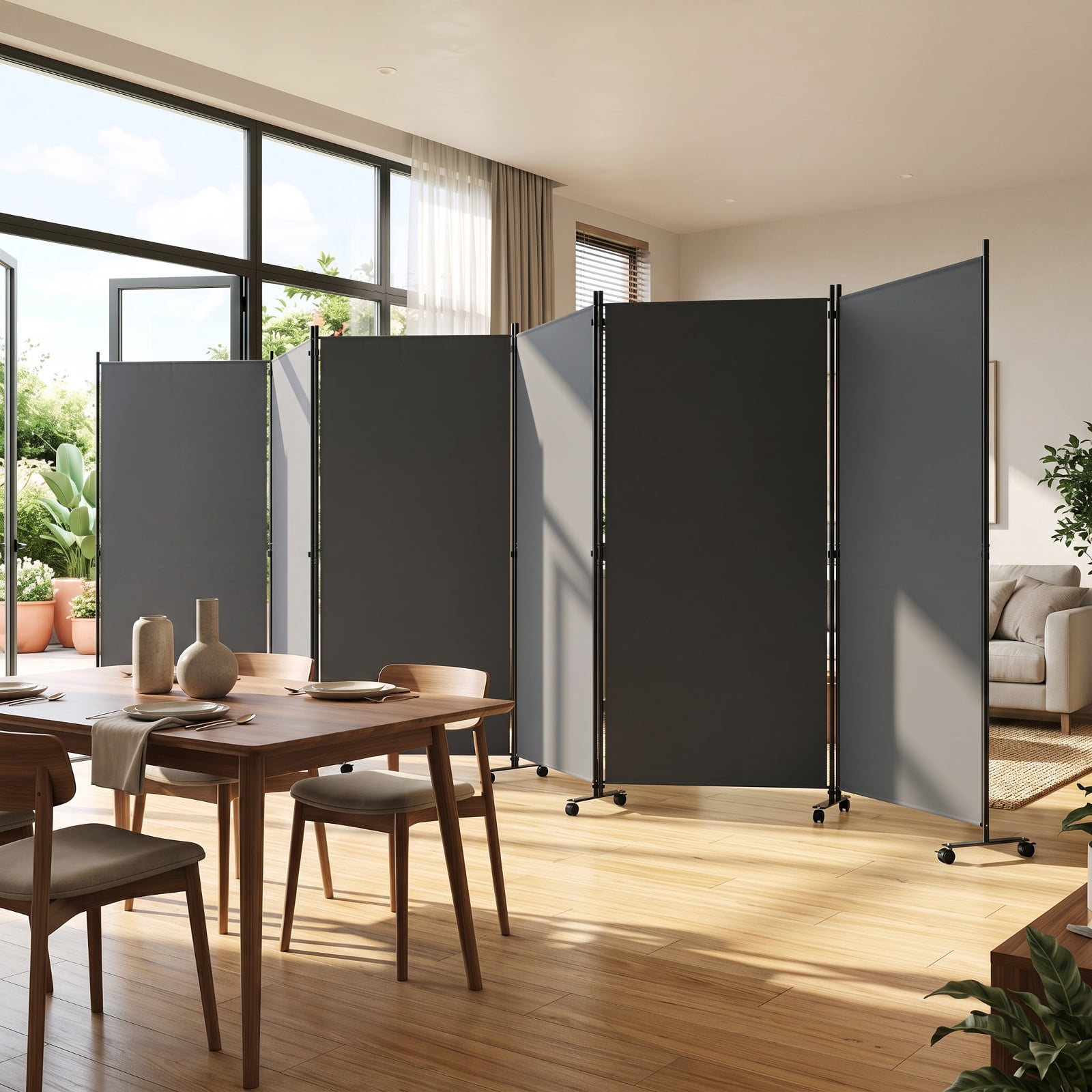 Vebreda 6-Panel Rolling Room Divider Folding Privacy Screen with Lockable Wheels, Freestanding Fabric Partition for Bedroom Office Studio, Gray