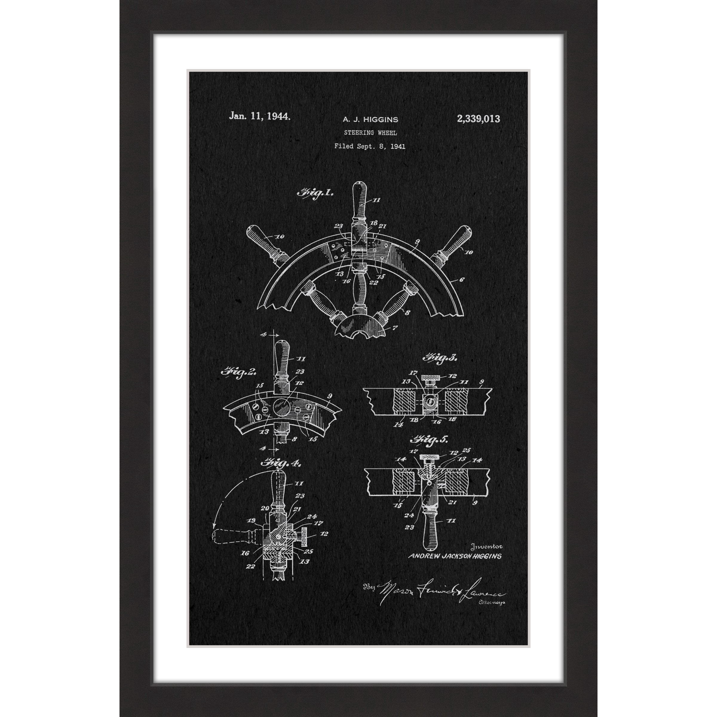 "Boat Steering Wheel 1941 Black Paper" Framed Painting Art Print, 16" x 1.5"