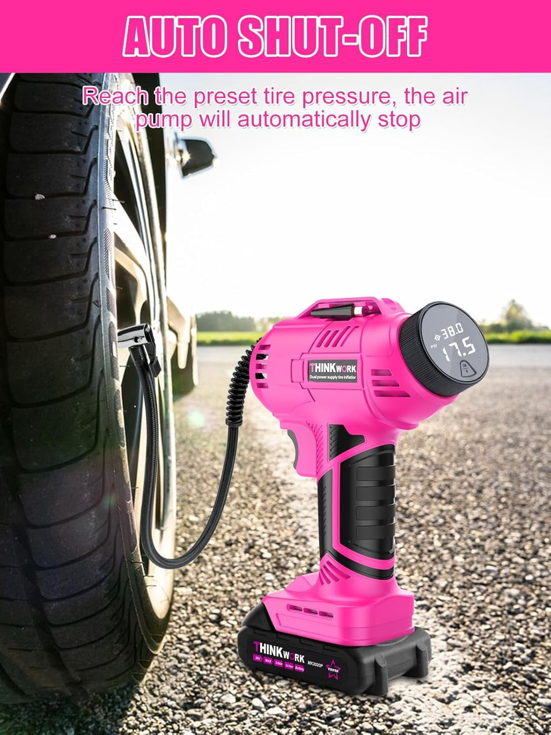 Tire Inflator Portable Air Compressor, Pink Cordless Car Tire Pump with 20V Rechargeable Battery, 12V Car Power Adapter, 150 PSI Handheld Air Pump for Car, Motorcycle, and Bike, Gift for Women