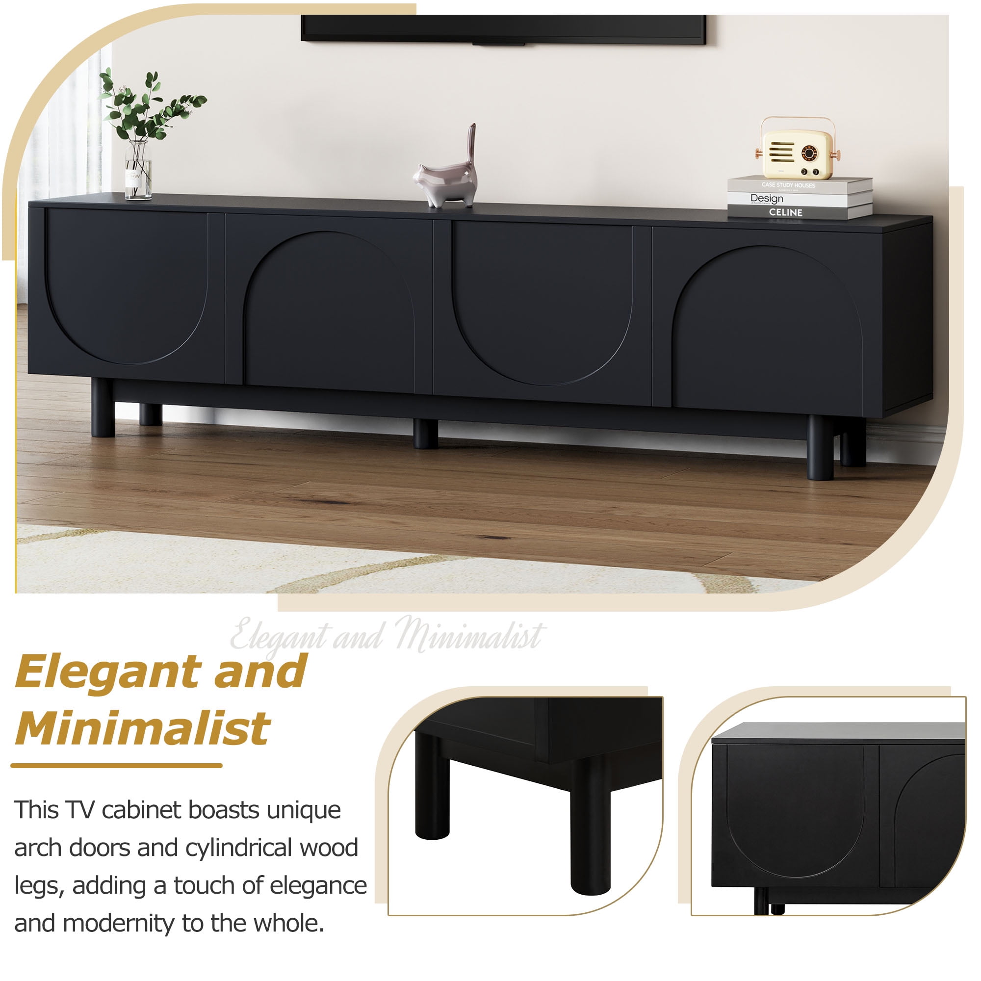 Euroco Modern Arched Door TV Stand with Adjustable Shelves and Cable Management – Media Console with Solid Wood Legs